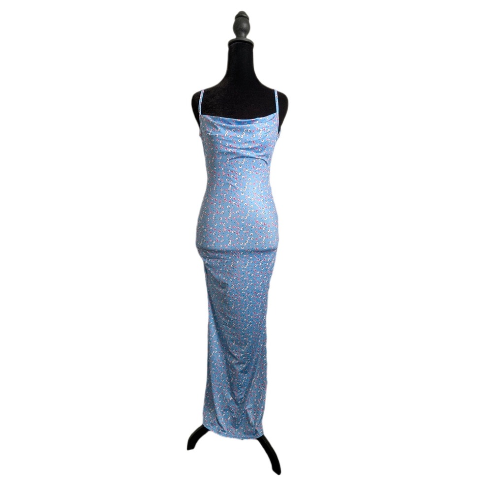 Ice Blue Spring Floral Cowl Neck Open Back Maxi Dress